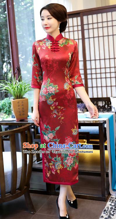 Chinese Traditional Elegant Wedding Cheongsam National Costume Watered Gauze Red Qipao Dress for Women