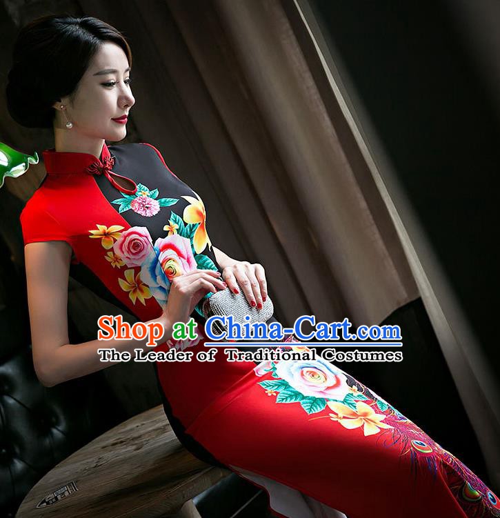 Chinese Traditional Elegant Wedding Cheongsam National Costume Red Silk Qipao Dress for Women