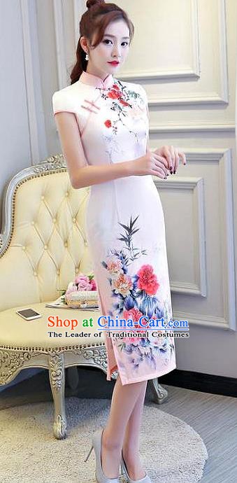 Chinese Traditional Elegant Retro Cheongsam National Costume Printing Peony Qipao Dress for Women