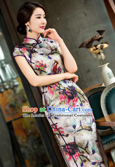 Chinese Traditional Elegant Retro Cheongsam National Costume Printing Mangnolia Birds Qipao Dress for Women