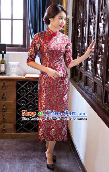 Chinese Traditional Elegant Cheongsam National Costume Red Qipao Dress for Women