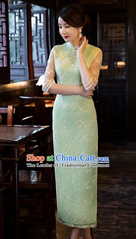 Chinese Traditional Elegant Cheongsam National Costume Green Embroidered Qipao Dress for Women