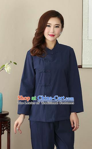 Chinese Traditional National Costume Navy Linen Blouse Tang Suit Qipao Short Shirts for Women