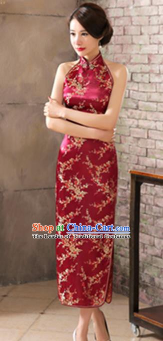 Top Grade Chinese National Costume Elegant Plum Blossom Brocade Cheongsam Tang Suit Wine Red Qipao Dress for Women