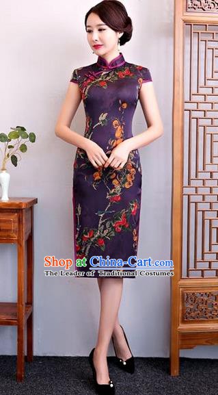 Chinese Traditional Elegant Silk Cheongsam Purple Full Dress National Costume Retro Printing Qipao for Women