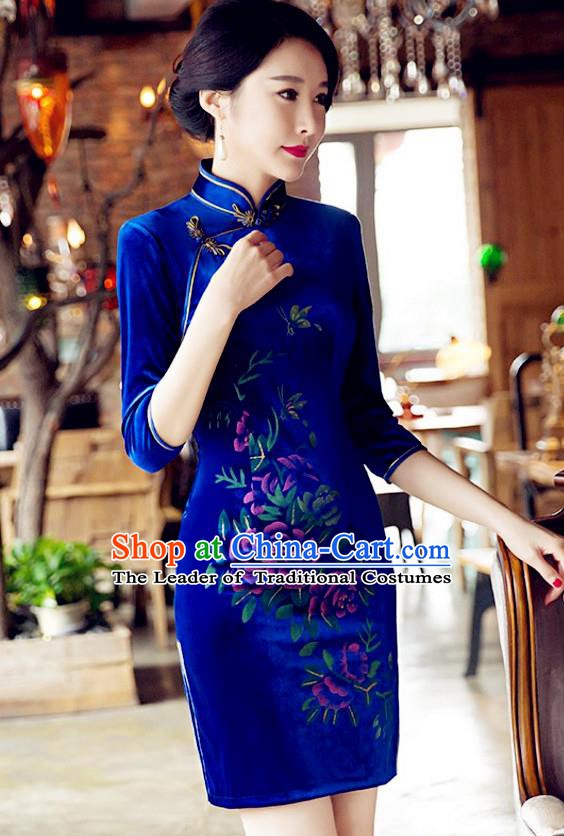 Top Grade Chinese National Costume Elegant Blue Velvet Cheongsam Tang Suit Qipao Dress for Women