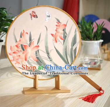 Chinese Traditional Round Fans Handmade Printing Orchid Circular Fan China Ancient Palace Fans