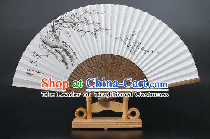 Chinese Traditional Artware Handmade Folding Fans Printing Plum Blossom Paper Fans