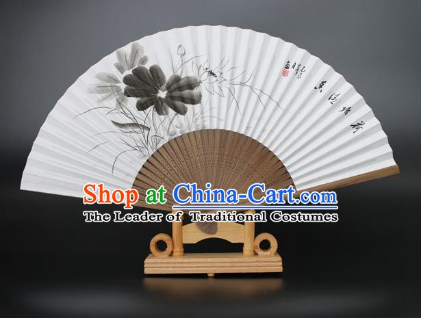 Chinese Traditional Artware Handmade Folding Fans Ink Painting Lotus Paper Fans