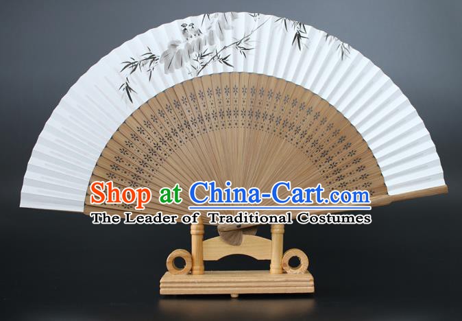 Chinese Traditional Artware Handmade Sandalwood Folding Fans Ink Painting Bamboo Leaf Paper Fans