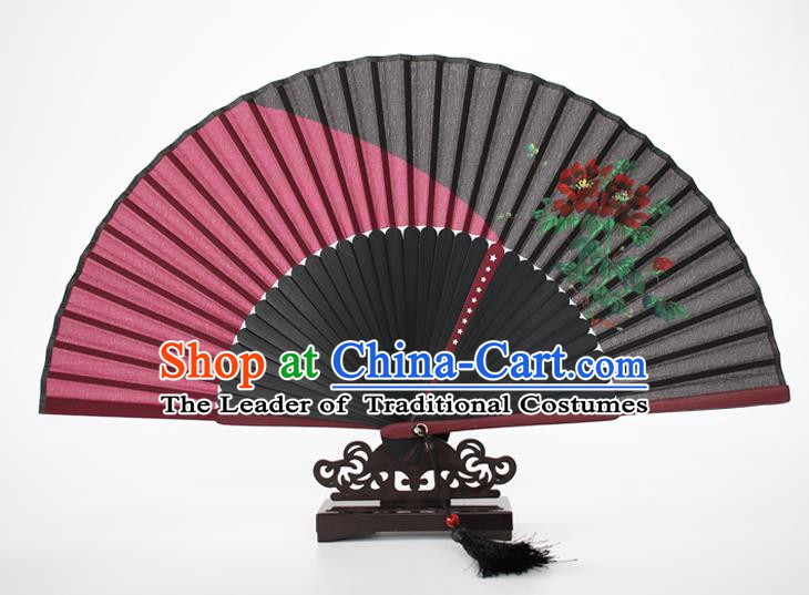 Chinese Traditional Artware Handmade Folding Fans Rosy Silk Fans Printing Flowers Accordion