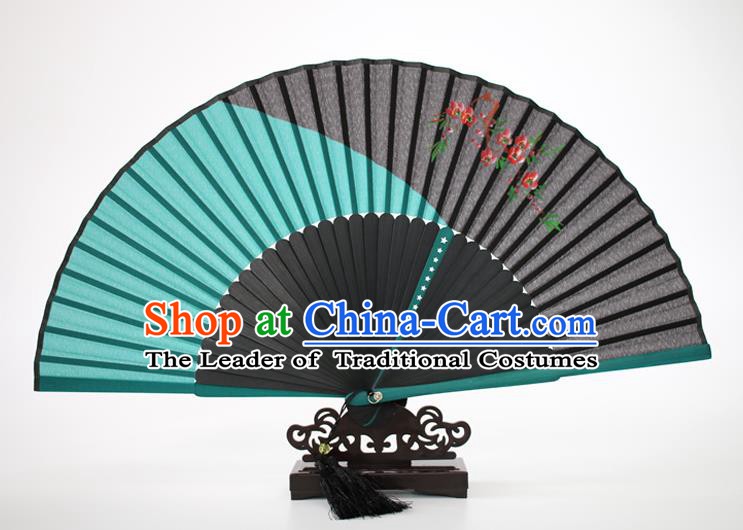 Chinese Traditional Artware Handmade Folding Fans Green Silk Fans Printing Flowers Accordion