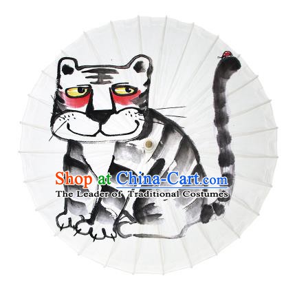 Chinese Traditional Artware Dance Umbrella Ink Painting Tiger Paper Umbrellas Oil-paper Umbrella Handmade Umbrella