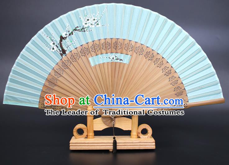 Chinese Traditional Artware Handmade Folding Fans Printing Plum Blossom Green Silk Fans Accordion