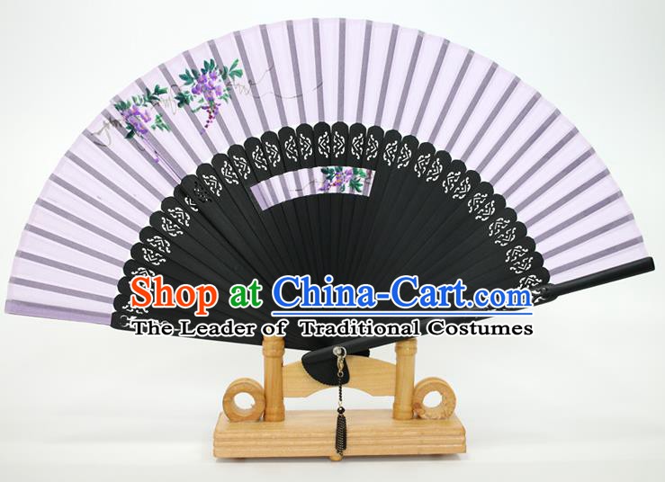 Chinese Traditional Artware Handmade Folding Fans Printing Wisteria Lilac Silk Fans Accordion