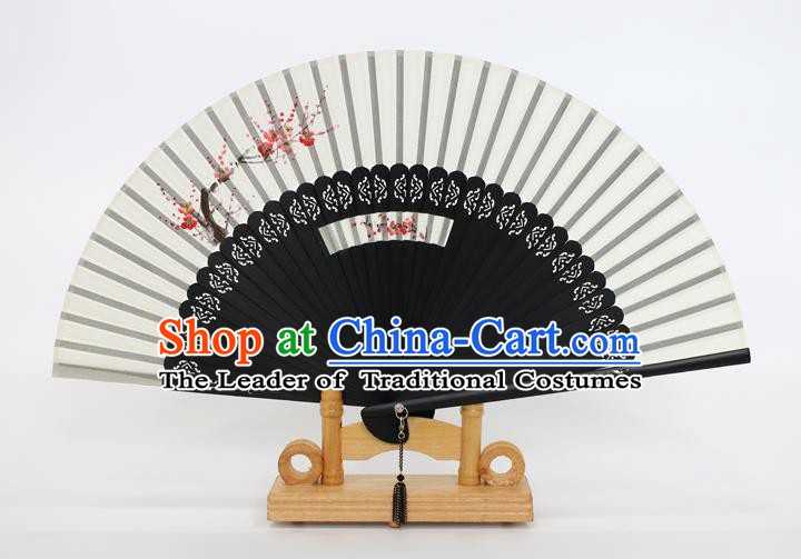 Chinese Traditional Artware Handmade Folding Fans Printing Plum Blossom White Silk Fans Accordion