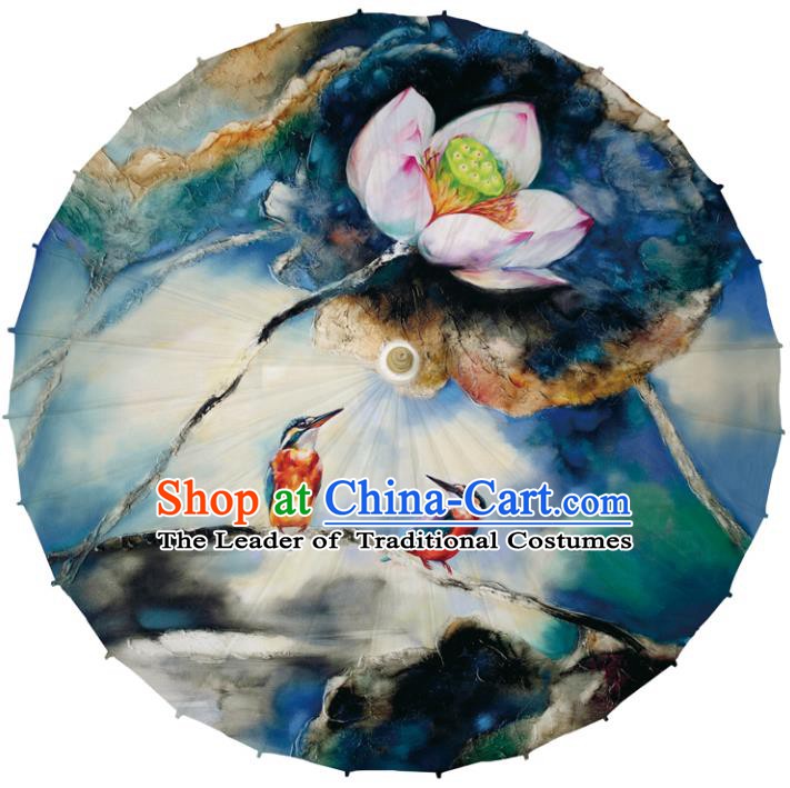 Chinese Traditional Artware Dance Umbrella Printing Lotus Blue Paper Umbrellas Oil-paper Umbrella Handmade Umbrella