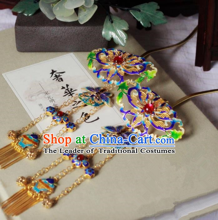 Chinese Handmade Classical Hair Accessories Hairpin Hair Stick Hanfu Blueing Lotus Step Shake for Women