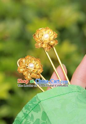 Chinese Handmade Classical Hair Accessories Wedding Hairpin Hanfu Golden Lotus Hair Stick for Women