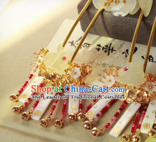 Chinese Handmade Classical Hair Accessories Wedding Jade Rabbit Hairpins Hanfu Tassel Step Shake for Women