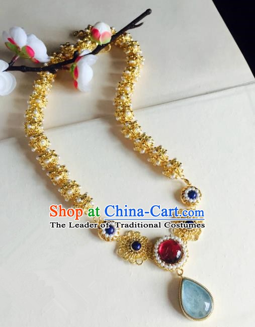 Chinese Handmade Classical Accessories Golden Earrings Hanfu Blue Crystal Eardrop for Women