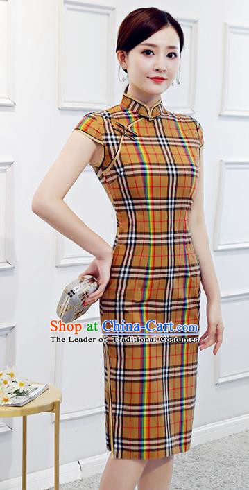 Chinese Traditional Mandarin Yellow Qipao Dress National Costume Retro Cheongsam for Women