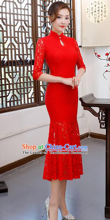 Chinese Traditional Red Lace Mandarin Qipao Dress National Costume Fishtail Cheongsam for Women