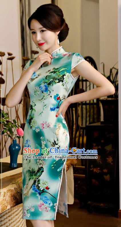 Chinese Traditional Silk Mandarin Qipao Dress National Costume Printing Green Short Cheongsam for Women