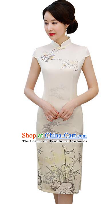 Chinese Traditional Printing Bamboo Mandarin Qipao Dress National Costume Short Cheongsam for Women