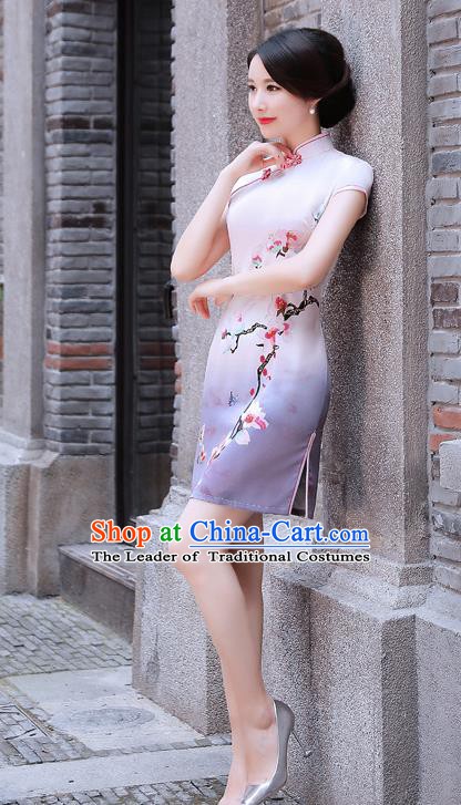 Chinese Traditional Mandarin Qipao Dress National Costume Printing Mangnolia Cheongsam for Women