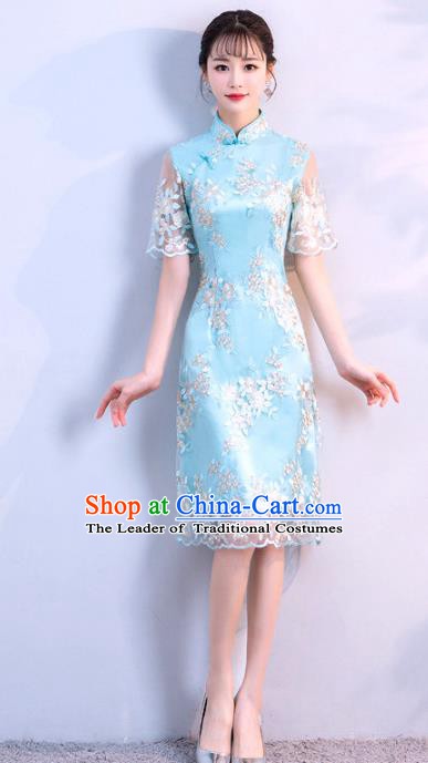 Chinese Traditional Blue Embroidered Mandarin Qipao Dress National Costume Short Cheongsam for Women