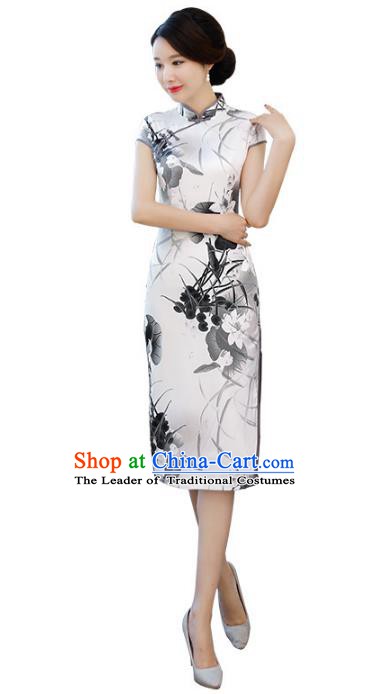 Chinese Traditional Mandarin Qipao Dress National Costume Ink Painting Lotus Silk Cheongsam for Women