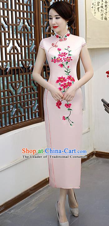 Chinese Traditional Pink Mandarin Qipao Dress National Costume Embroidered Silk Cheongsam for Women