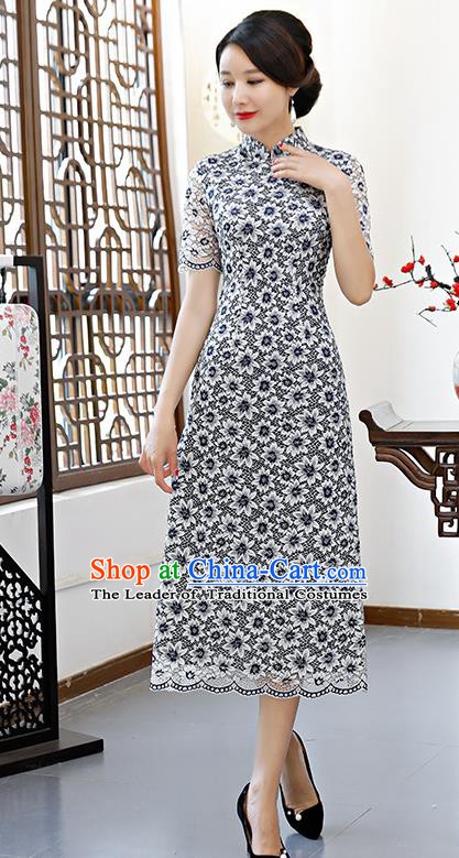 Chinese Traditional Mandarin Qipao Dress National Costume Navy Lace Cheongsam for Women