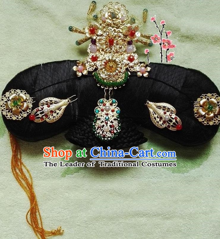 Traditional Chinese Ancient Manchu Palace Lady Hair Accessories Phoenix Coronet Hairpins Complete Set for Women