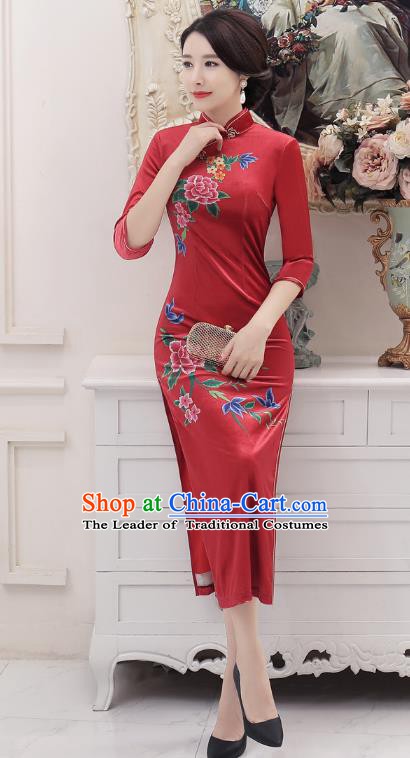 Chinese Traditional Tang Suit Red Silk Qipao Dress National Costume Retro Printing Mandarin Cheongsam for Women