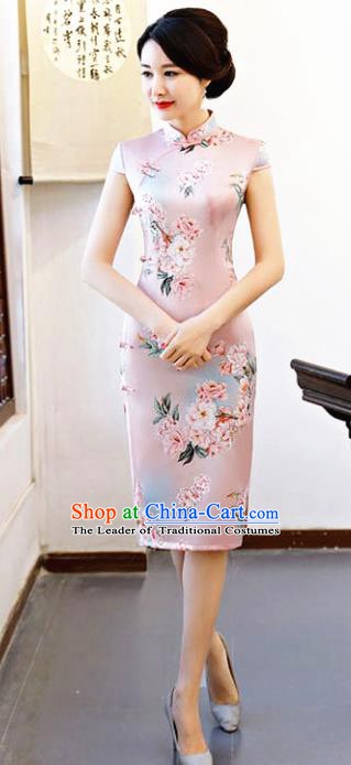 Chinese Traditional Printing Peony Pink Qipao Dress National Costume Tang Suit Mandarin Cheongsam for Women