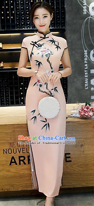 Chinese Traditional Tang Suit Qipao Dress National Costume Printing Pink Mandarin Cheongsam for Women