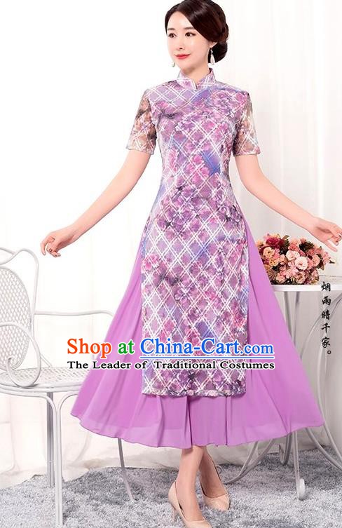 Chinese Traditional Tang Suit Qipao Dress National Costume Printing Purple Mandarin Cheongsam for Women