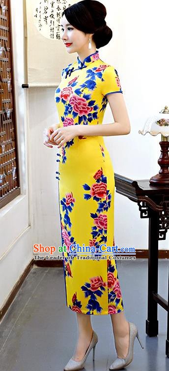 Chinese Traditional Tang Suit Yellow Silk Qipao Dress National Costume Printing Peony Mandarin Cheongsam for Women