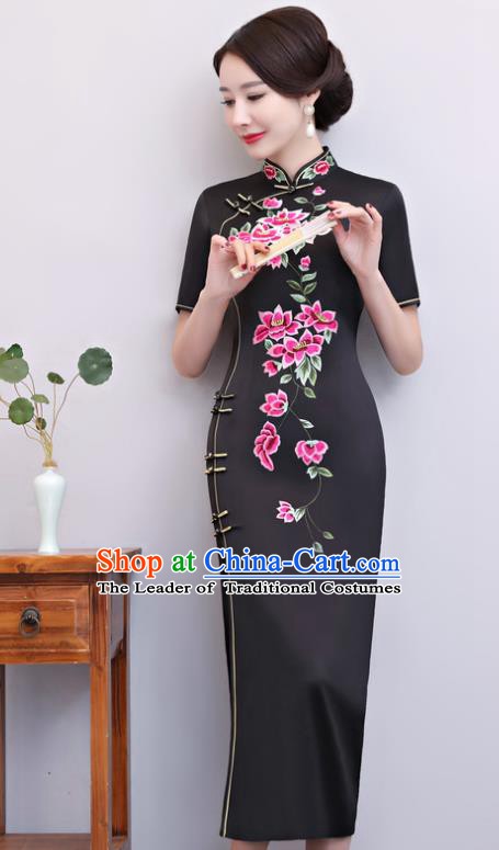 Chinese Traditional Tang Suit Embroidered Black Qipao Dress National Costume Mandarin Cheongsam for Women