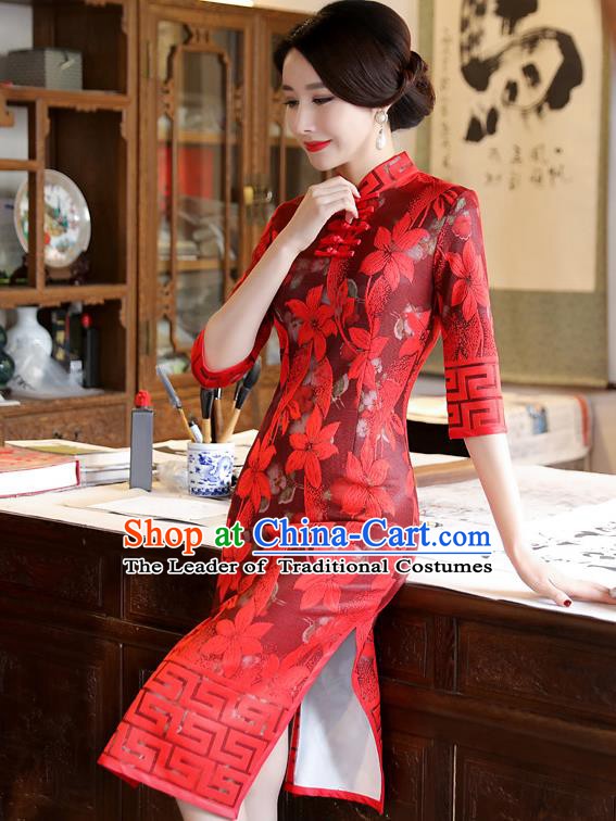 Chinese Traditional Tang Suit Wedding Qipao Dress National Costume Red Mandarin Cheongsam for Women