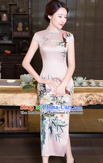 Chinese Traditional Tang Suit Printing Flowers Qipao Dress National Costume Pink Silk Mandarin Cheongsam for Women