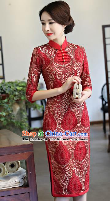 Chinese Traditional Tang Suit Qipao Dress National Costume Red Mandarin Cheongsam for Women