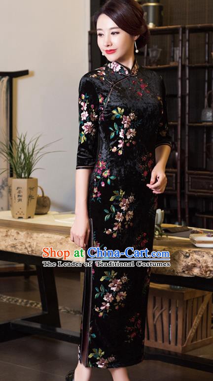 Chinese Traditional Tang Suit Black Velvet Qipao Dress National Costume Mandarin Cheongsam for Women