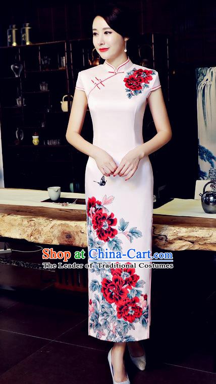Chinese Traditional Tang Suit Qipao Dress National Costume Printing Flowers Pink Mandarin Cheongsam for Women