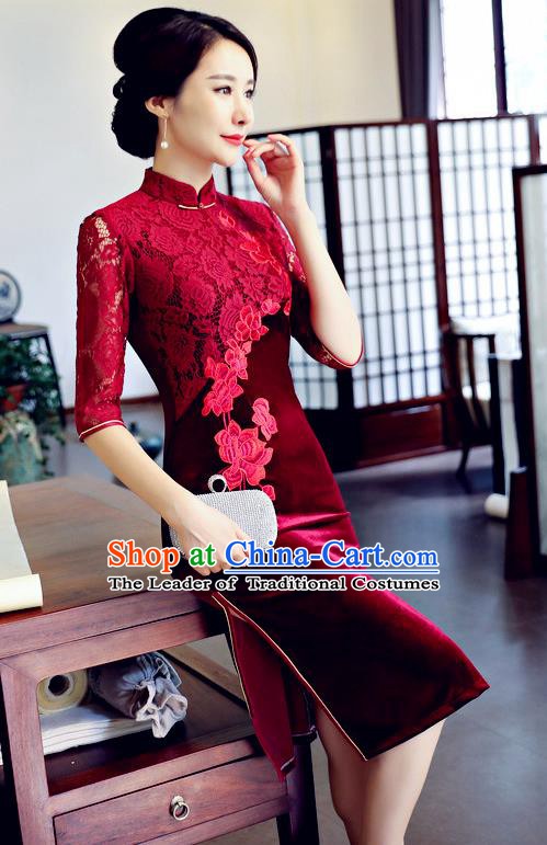 Top Grade Chinese Traditional Wine Red Lace Qipao Dress National Costume Tang Suit Mandarin Cheongsam for Women