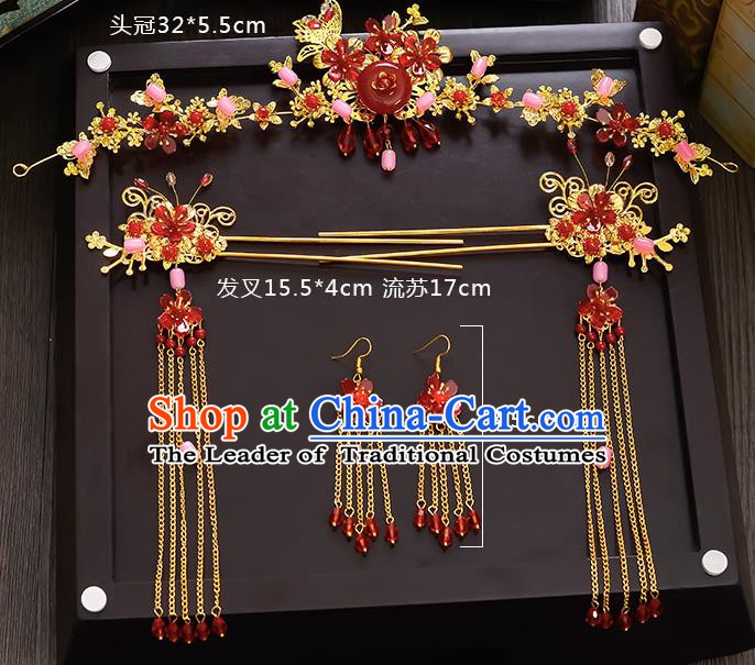 Traditional Chinese Ancient Bride Hair Accessories Xiuhe Suit Hairpins Red Jade Hair Clasp Complete Set for Women