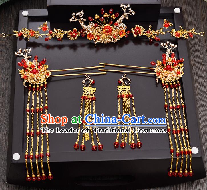 Traditional Chinese Ancient Bride Hair Accessories Xiuhe Suit Hairpins Red Beads Hair Clasp Complete Set for Women