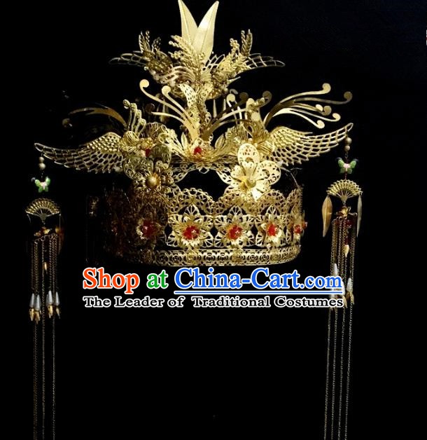 Traditional Chinese Ancient Wedding Hair Accessories Hairpins Golden Phoenix Coronet for Women